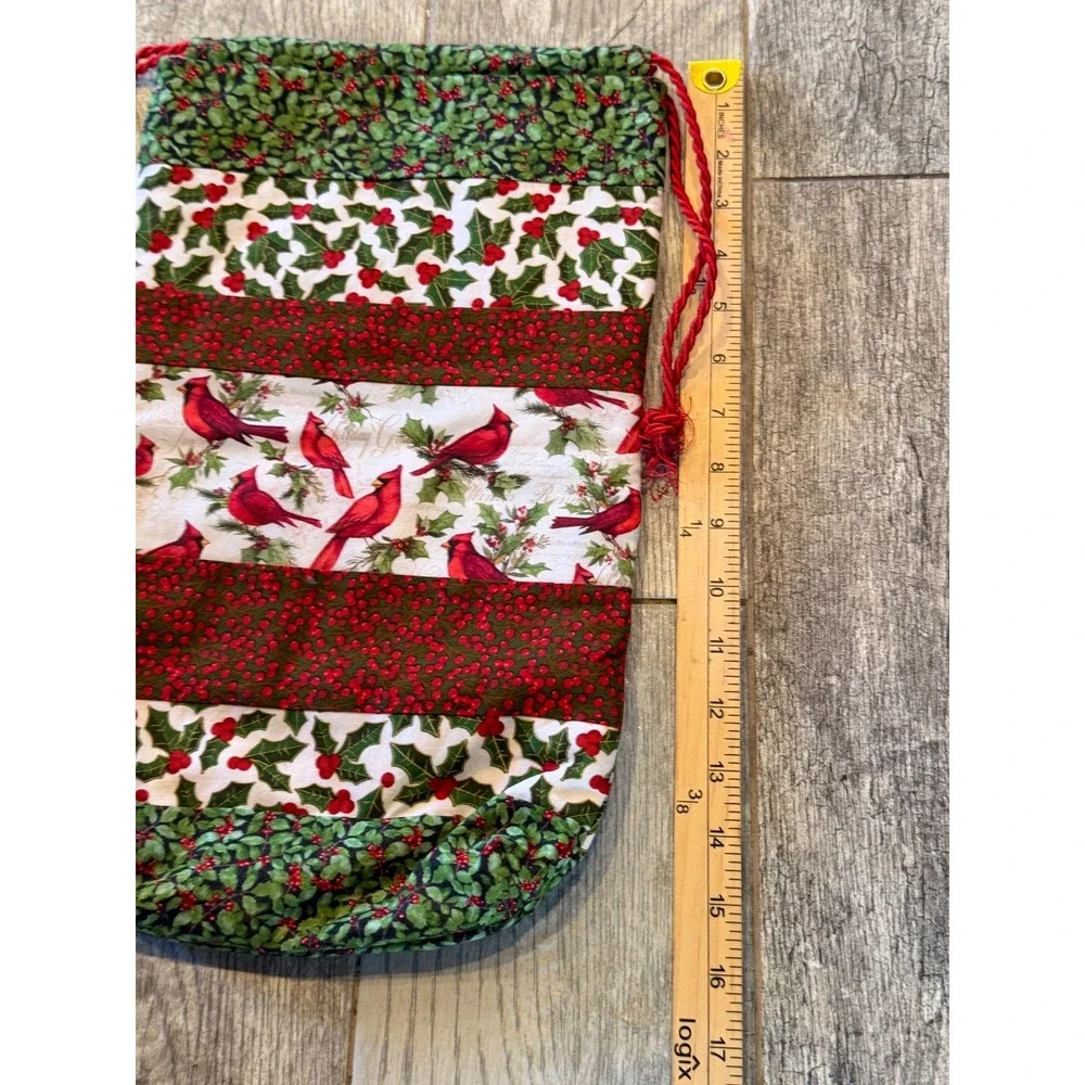 Set of 2 Handmade Fabric Cloth Christmas Bags Holiday Drawstring Totes Sack Gift